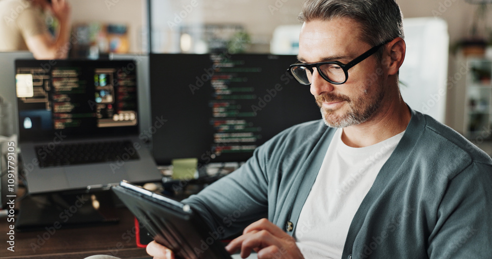 Poster Programmer, business man and research on tablet for software development, scroll or online update. Code, digital technology and mature manager design ui, website or ai app in creative startup office