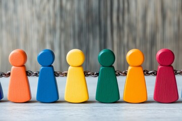 Individuals create a colorful chain of unity with figurines in a softly lit indoor space