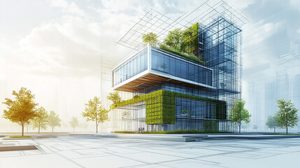 Obraz premium Sustainable green building modern city practices in architectural blueprints eco friendly construction planning digital concept illustration.