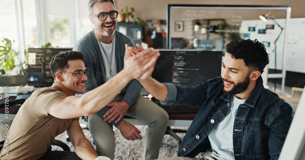 Aufkleber Group, employee and high five with smile for coding, programing or software engineer system update. Celebration, creative people and happy for project management success, teamwork or data development