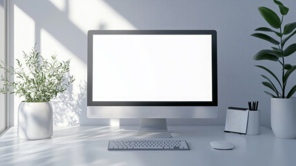 Fototapeta premium Blank white billboard hanging on office wall. Mock up of a billboard in modern company interior mockup.