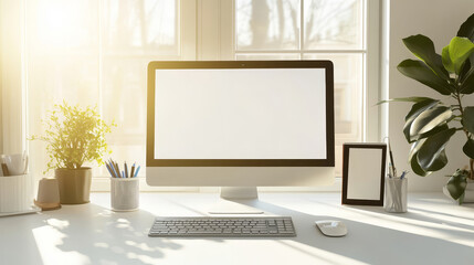 Blank white billboard  hanging on office wall. Mock up of a billboard in modern company interior mockup.