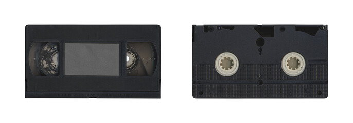 Naklejka premium Set of VHS old cassette with front and back side, isolated video tape with clear area for mockup on transparent background in retro Y2K style