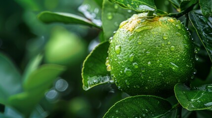 A dew kissed lime hangs heavy on its branch surrounded by lush green leaves