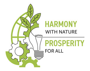 Slogan - Harmony With Nature, Prosperity For All. Geometric outline decoration