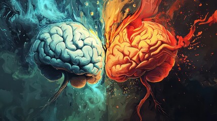 Digital art illustrating the creative and logical aspects the human brain and mindset