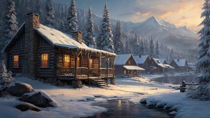 Wooden House in the Mountains. Winter Season
