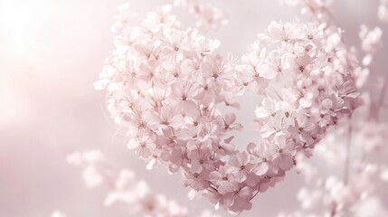 Obraz premium A delicate heart-shaped arrangement of pale pink and white wildflowers, featuring soft petals and intricate textures, set against a pristine white background for a dreamy, romantic atmosphere.