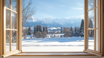Fototapeta premium Open wooden window with a view of a snowy winter landscape, trees, and mountains. Scenic countryside setting for travel articles, seasonal advertising, and holiday design projects.