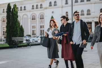 Obraz premium A group of multicultural people discuss business strategies while walking outside an office building, holding paperwork and notebooks, showcasing collaboration and teamwork for success.