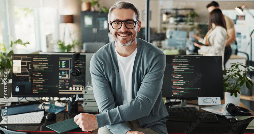 Leinwandbilder Happy man, coder and glasses in office for portrait, website development and software engineering on screen. Mature programmer, smile and computer in agency for cybersecurity, programming and coding