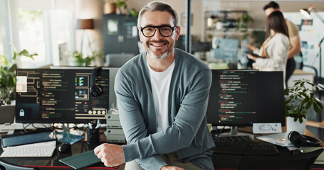 Happy man, coder and glasses in office for portrait, website development and software engineering...