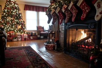 Cozy Christmas living room with a beautifully decorated tree, festive stockings on a rustic stone fireplace, glowing fire, and holiday gifts under the tree by large scenic windows.