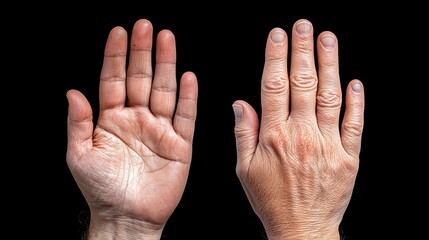 Two hands, one young and one older, showcased against a black background, highlighting age differences.