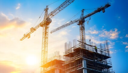 Structural steel beams used in constructing large residential buildings at an active construction site, showcasing modern architecture.