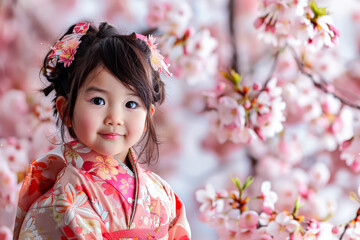 Young girl wearing a kimono stands in a field of flowers. She is smiling and looking at the camera
