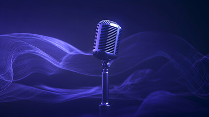 Retro microphone on stand against a dramatic blue smoky background; perfect for music, podcast, or broadcast themes.