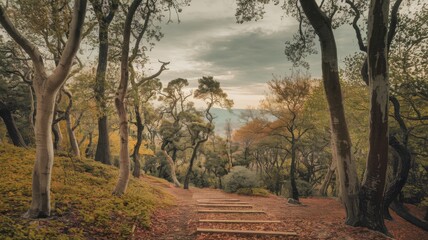 Naklejka premium Serene forest path surrounded by lush green trees under soft sunlight. 