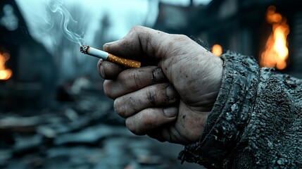 A close-up of a weathered hand holding a lit cigarette against a backdrop of destruction.