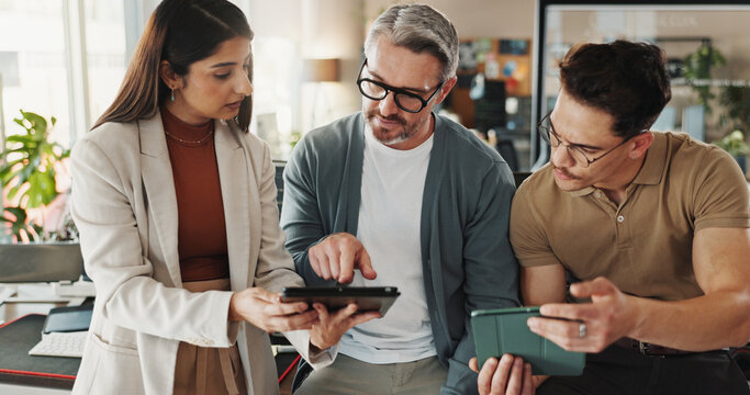 Coding, people and tablet in office for help, advice and problem solving in program. Engineering team, tech and man pointing in agency with collaboration, project management or software development - Powered by Adobe