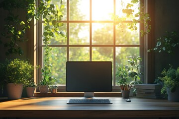 Fototapeta premium Computer monitor sitting on a desk in front of a window