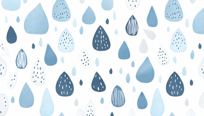 Charming seamless pattern featuring hand-drawn watercolor raindrops in various shades of blue, perfect for textile design or digital paper.
