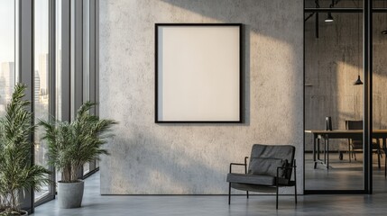 Modern Office Interior with Large Empty Frame, Chair, and City View
