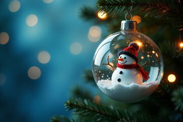 Close up of a christmas tree decor featuring a snowman inside a glass bauble