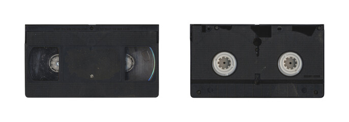Fototapeta premium Set of VHS old cassette with front and back side, isolated video tape with clear area for mockup on transparent background in retro Y2K style