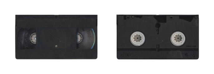 Set of VHS old cassette with front and back side, isolated video tape with clear area for mockup on transparent background in retro Y2K style