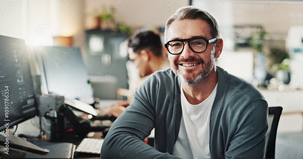 Poster Happy man, programmer and glasses in office for portrait, website development or software engineering at tech. Mature IT guy, smile or pride in agency for cybersecurity, programming or coding startup