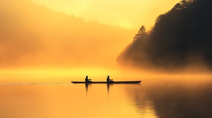 Golden Misty Lake at Sunrise with Canoe Silhouettes