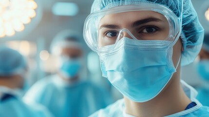 Medical professional prepares for critical surgery in a high-pressure environment while wearing protective gear and mask