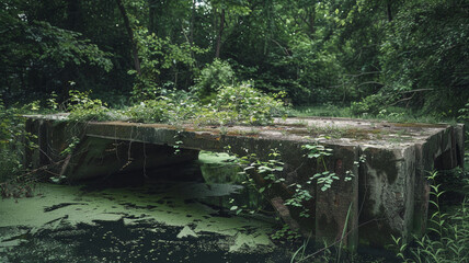 Forgotten Bridge in Ruins: A close-up of a collapsed bridge covered with overgrowth, symbolizing neglected infrastructure and the passage of time.