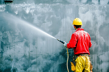 construction worker cleaning concrete wall using high-pressure water jet