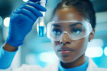 Female scientist examining liquid in test tube