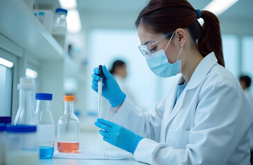 Fototapeta premium Female scientist using pipette in laboratory