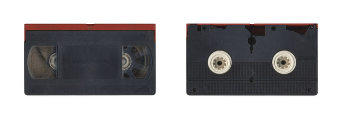 Set of VHS old cassette with front and back side, isolated video tape with clear area for mockup on...