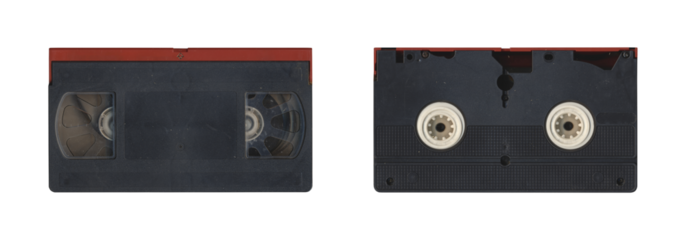 Set of VHS old cassette with front and back side, isolated video tape with clear area for mockup on transparent background in retro Y2K style