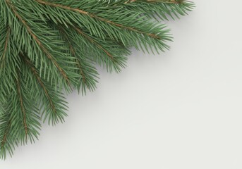 Obraz premium A cluster of realistic green pine branches fills the upper left corner of the image, their needles detailed and lush. 