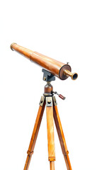 Authentic ancient telescope with wooden tripod isolated with white highlights, png