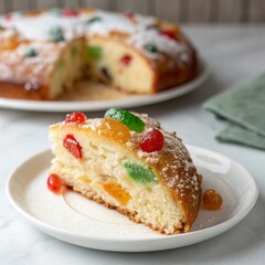 Slice of Rosca de Reyes with candied fruits on white plate