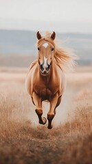 Obraz premium A stunning horse with flowing mane gallops freely through a golden field, embodying strength and grace