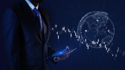 Professional Man in a suit holographic globe finance, business strategy, and market analysis, modern financial systems international trade, for corporate financial news educational content. 4K 3D - Powered by Adobe
