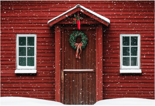 Rote Holzt&uuml;r mit gr&uuml;nem Weihnachtskranz, Schneefall und rustikalem Charme, ideal f&uuml;r eine festliche Weihnachtskarte oder Gru&szlig;karte in rotbraunen T&ouml;nen. Generative KI.