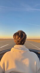 Fototapeta premium A young pilot looks out over the runway, bathed in the golden light of a sunset, embodying adventure and dreams