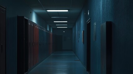 Fototapeta premium Dimly lit corridor with lockers, creating mysterious atmosphere