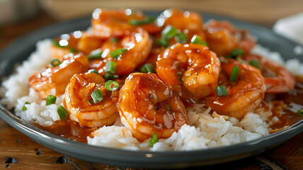 A delicious serving of garlic shrimp, cooked in a savory sauce and served atop a bed of fragrant jasmine rice with a touch of green onions