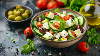 A colorful serving of Greek salad featuring diced cucumbers, ripe tomatoes, tangy kalamata olives, and feta cheese, finished with a drizzle of olive oil