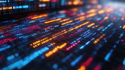 Obraz premium Abstract close-up of glowing digital code in shades of blue, orange, and pink. The vibrant colors create a dynamic and futuristic feel.